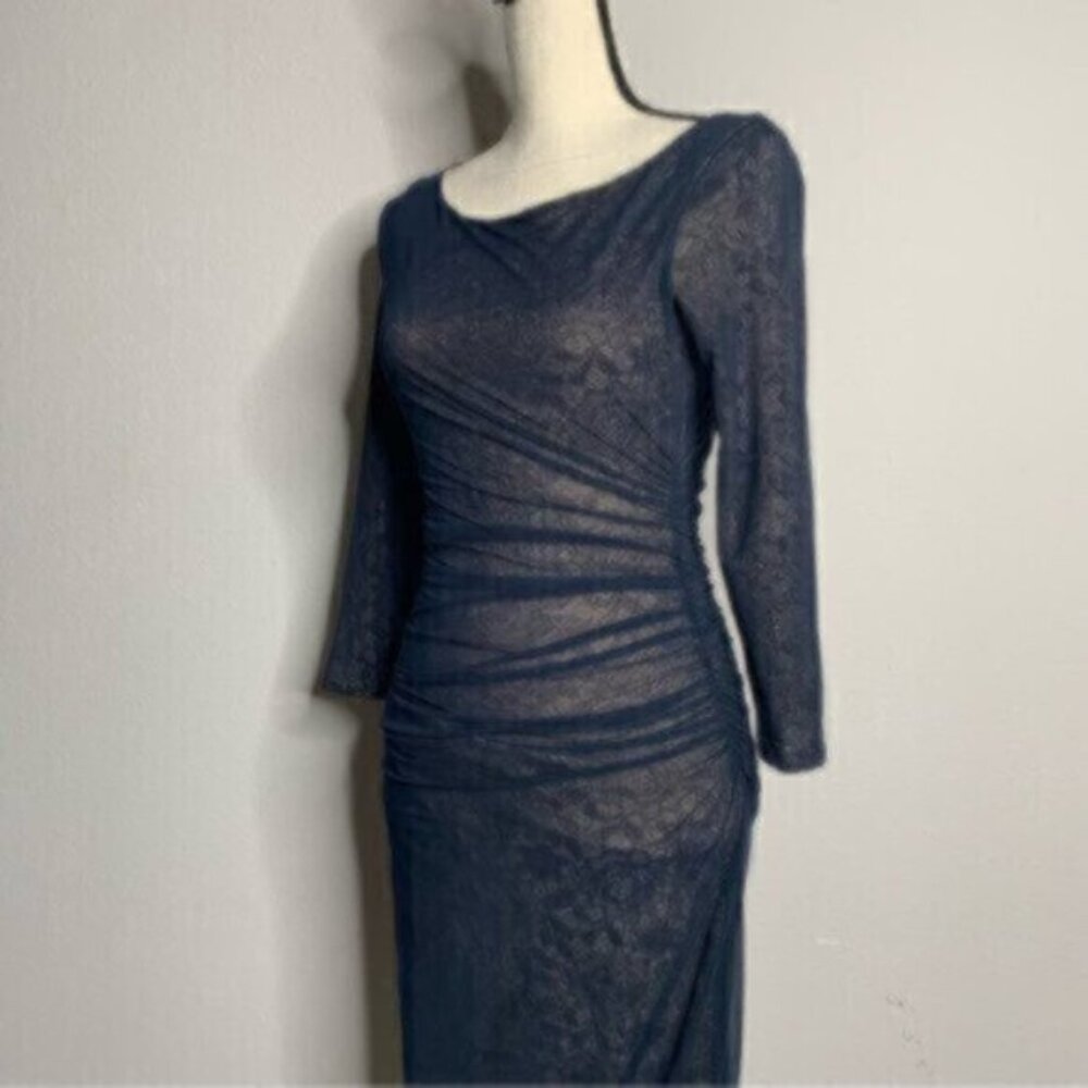 Reiss Dark Blue Lace Sheer Underlay Ruched Bodycon Midi Dress - Picture 6 of 13